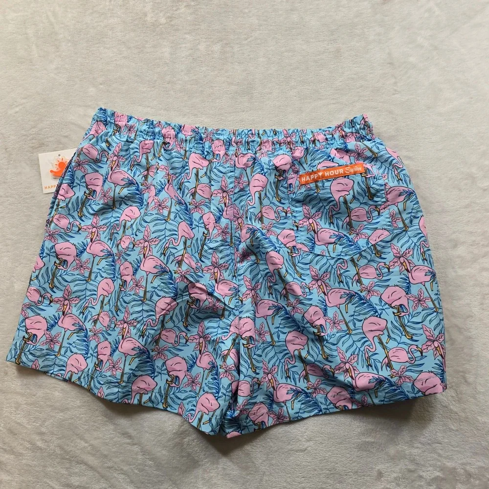 Happy‎ Hour Swim Trunks Mens 2XL Blue Pink Flamingo Tropical Cypress NEW - Picture 3 of 7